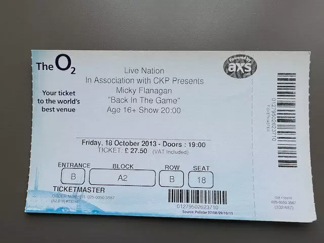 Micky Flanagan  O2 London  18/10/2013 Ticket Block A2