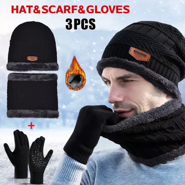 3 Pieces Winter Beanie Hat Scarf Set and Touch Screen Gloves Warm Thick Knit