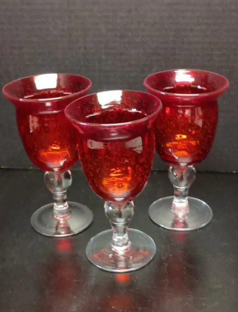 Hand Blown Ruby Red Bubble Art Glass Goblets Wine Water Glasses Set Of 3