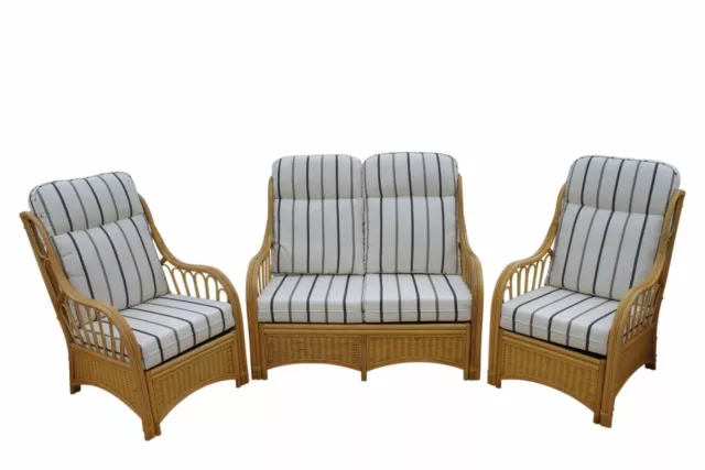 Sorrento Cane Conservatory Furniture 3 Piece Suite-2 Chairs+Sofa-Striped Cushion