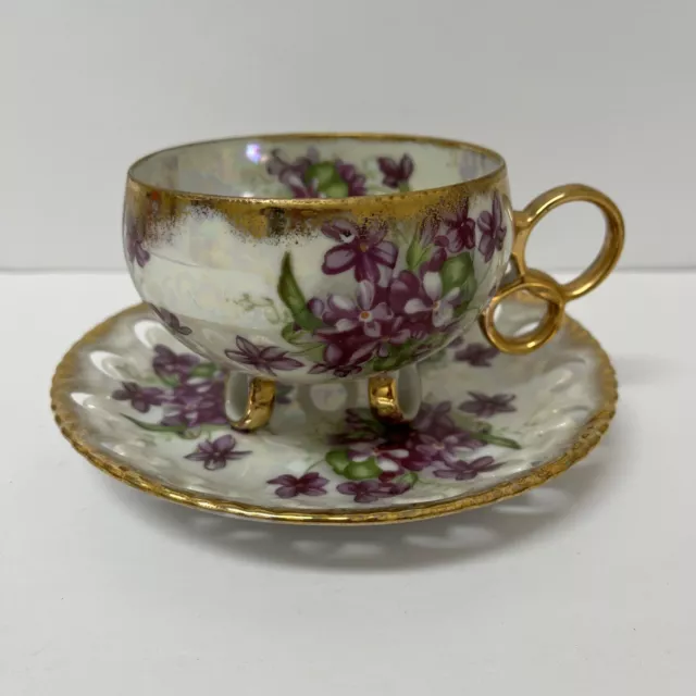 Royal Sealy China Japan Tea Lusterware Violets Footed Cup Reticulated Saucer