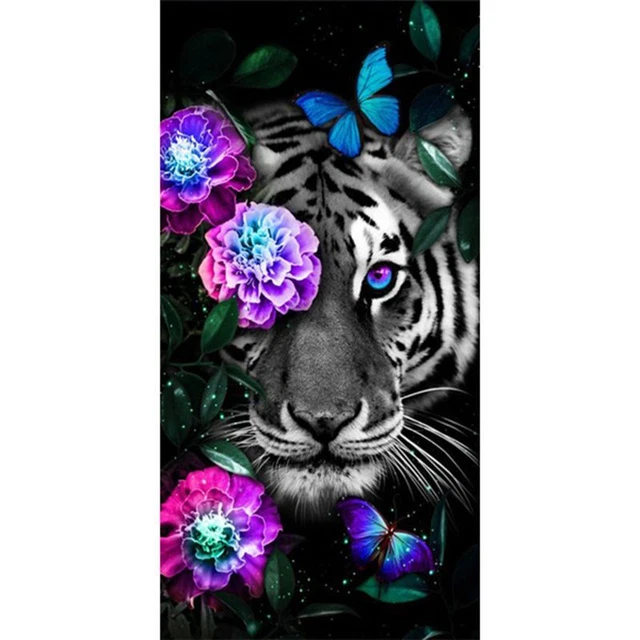 Pintura de diamantes tigre blanco y hermosas flores diseño casa bordado exhibiciones