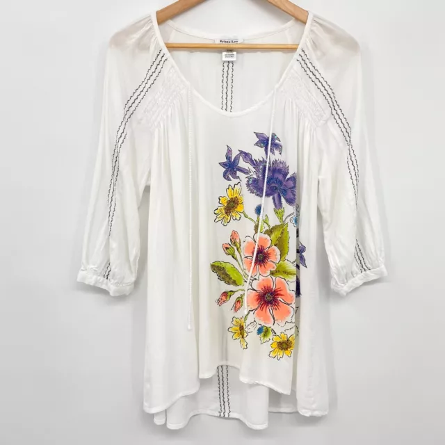 Krista Lee Small Top Shirt Blouse White Hi Low Floral Beaded Sequins Womens