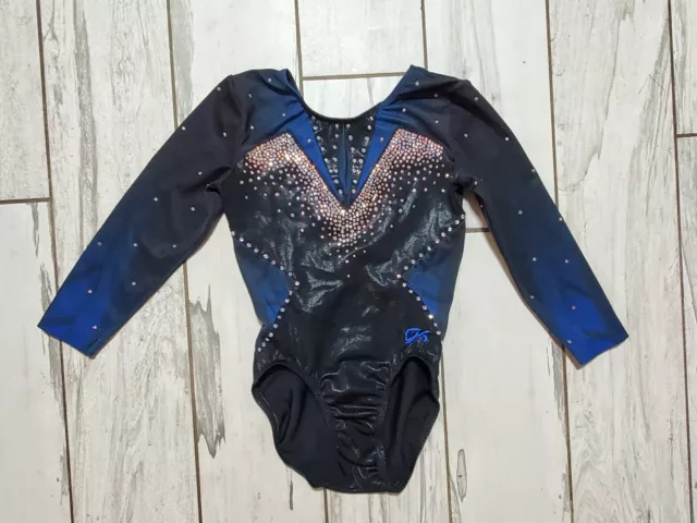 COMPETITION GK Elite gymnastics Leotard AXS X- Small 3/4 sleeve Blue RHINESTONES