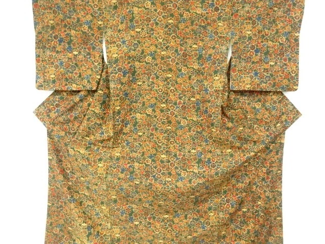 6535024: Japanese Kimono / Vintage Kimono / Tsumugi / Woven Roundel & Flowers