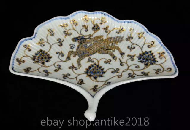 10.4" Old China Xuande Marked Blue White Porcelain Gilt Kylin Qilin Sector Plate