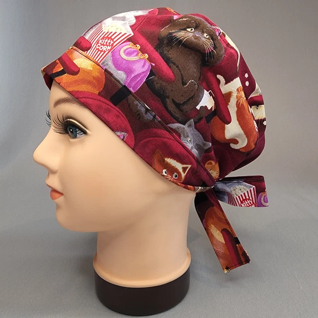 Scaredy Cats Women's Pixie Scrub Cap w Hair Pocket Surgical Hat Nurse Scrubcaps