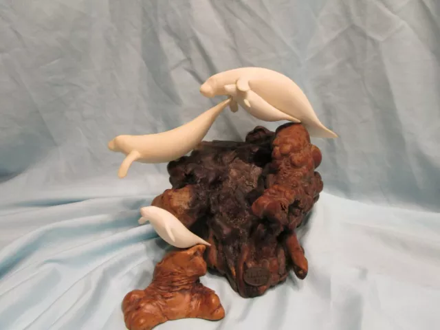 John Perry Signed Manatee Family Mother Calf Sea Life Sculpture Burl Wood