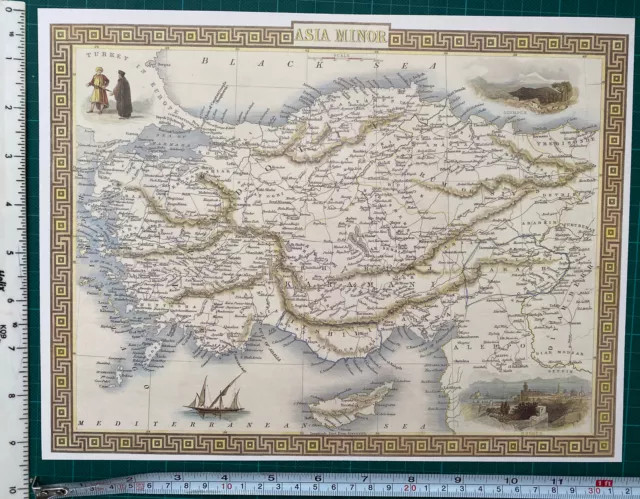 Old Antique vintage picture map Asia Minor, Rhodes, Olympus 1800s Tallis Reprint