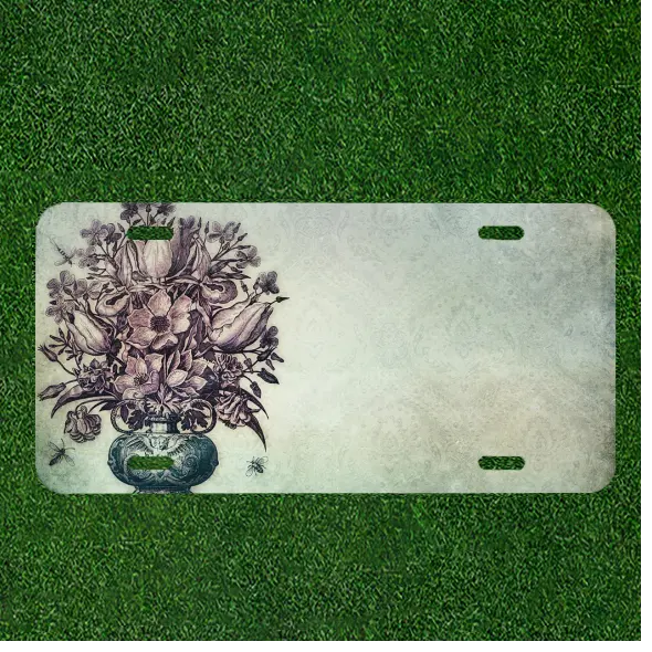 Custom Personalized License Plate Auto Tag With Purple Flowers Add Names