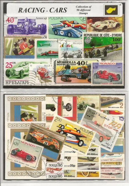 50 Motivbriefmarken Rennwagen racing cars racewagen