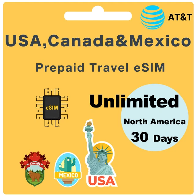 AT&T USA,Canada &Mexico Prepaid Travel eSIM Card Unlimited Data and Talk