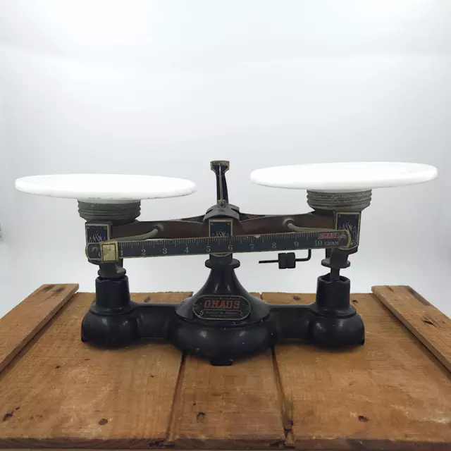 Antique OHAUS 2 Kilo Balance Scale - Cast Iron w Milk Glass Trays