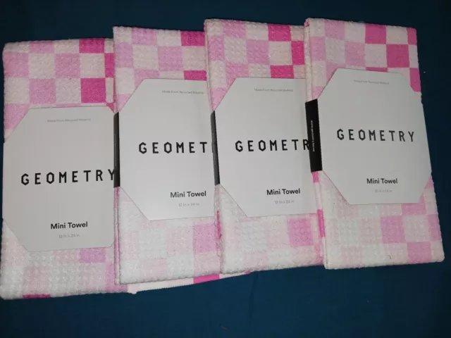 Geometry Kitchen Tea Bar Mini Towel Pink White Checker Eco-Friendly.  Lot Of 4.