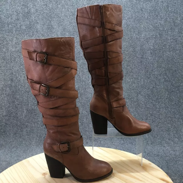 Steve Madden Boots Womens 7.5 M Riccoo Tall Riding Brown Leather Knee-High Block