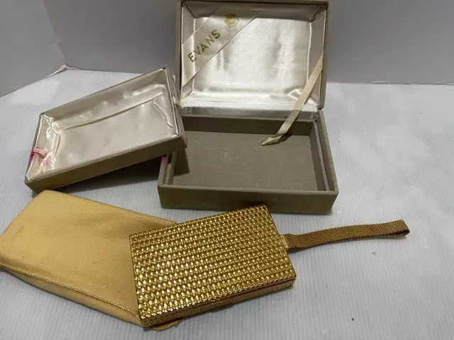Vintage Signed Evans Gold Clutch Compact Wristlet Lipstick, Comb, Coin, Purse
