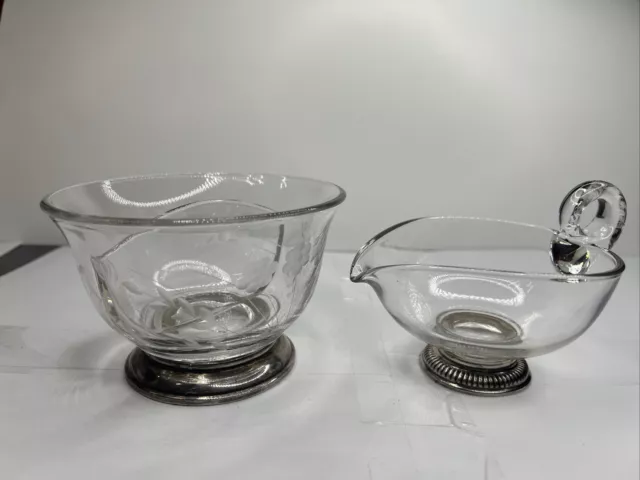 Redlich &Co Etched Glass Divided Dish Bowl & Creamer  Sterling Silver Base