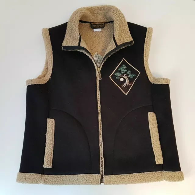 Jackye Mills Thick Sherpa Fleece Vest Women's Medium Brown Embroidered Trees