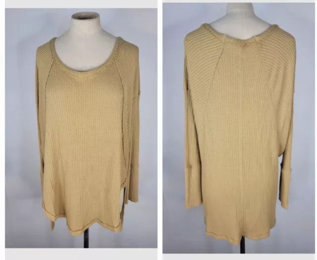 Free People Sz M Thermal Tunic Top Ventura High Low Waffle Knit Mustard OB426980