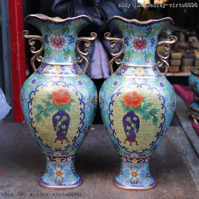 Chinese Royal Palace Copper Cloisonne Enamel Flower Bottle Vases Pot Vase A Pair