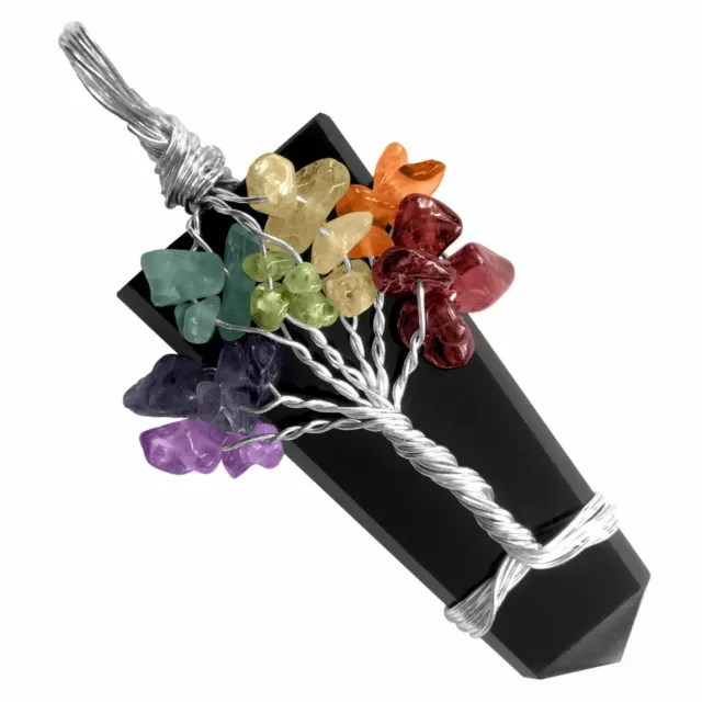 Obsidian Crystal Tree Of Life Chakra Pendant Silver Wire Wrap Gemstone Necklace
