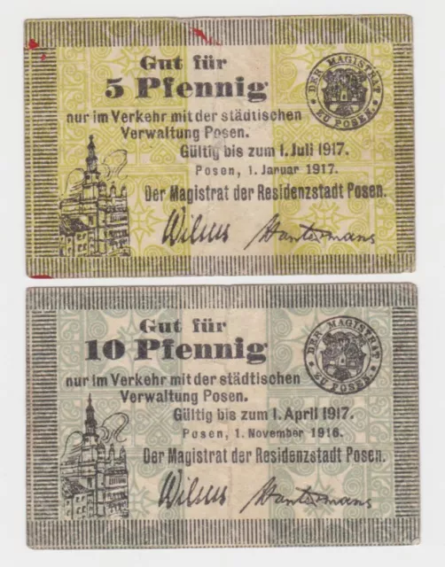 5 und 10 Pfennig Banknoten Notgeld Residenzstadt Posen 1917 (154186)