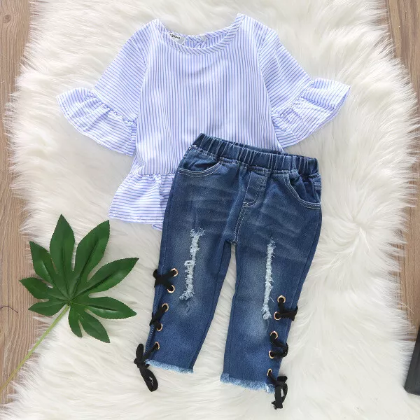 Completo Bimba bambina Maglia t shirt blu pantaloni corti denim jeans   B061