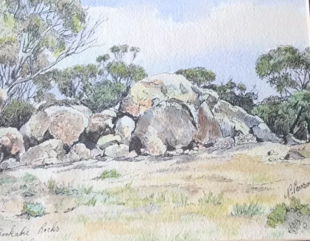 Small Watercolour Painting Bookabie Rocks South Australia - Signed