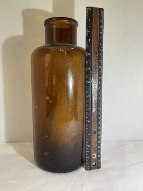 Antique Huge Amber Glass Apothecary Bottle Jar Almost 12” Tall Bubbles