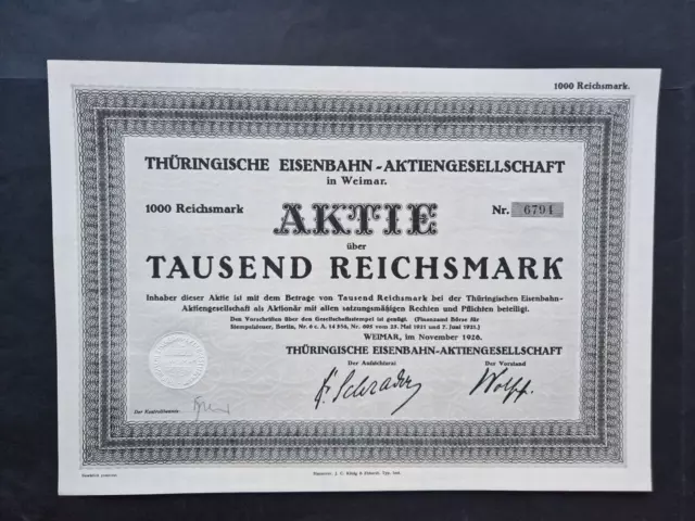 Thüringische Eisenbahn-AG 1000 RM November 1926 Weimar kein BaRoV