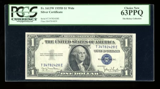 DBR 1935-D $1 Silver Fr. 1613W Wide TE Block PCGS 63 PPQ Serial T34782428E