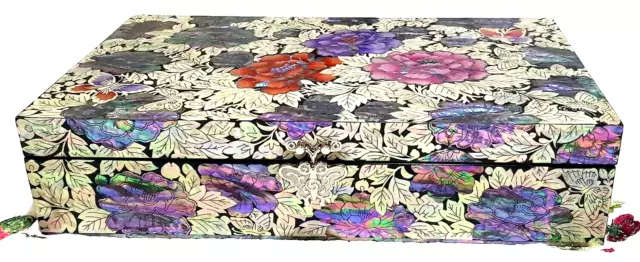 Korean Mother of Pearl Inlaid Large Rectangle Flat-Top Jewellery Organiser Box