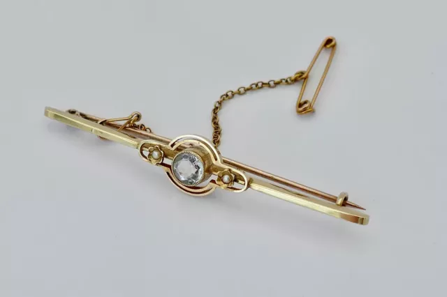 RARE EDWARDIAN HM 15ct GOLD DIAMOND AND SEED PEARL BAR BROOCH