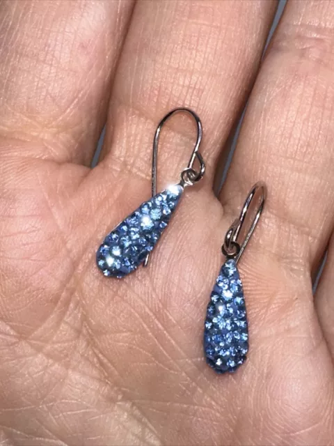 Sterling Silver Earrings Dangle Blue Crystals Teardrop Hook Stamped