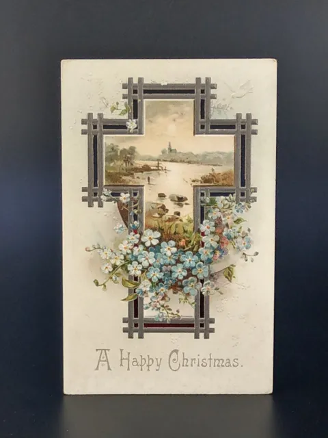 Die cut, cross, forget me not, landscape, Victorian Greetings card