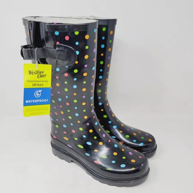 WESTERN CHIEF Women's  Rain Boots Size 6 M DITSEY DOTS Multicolor Black Rubber