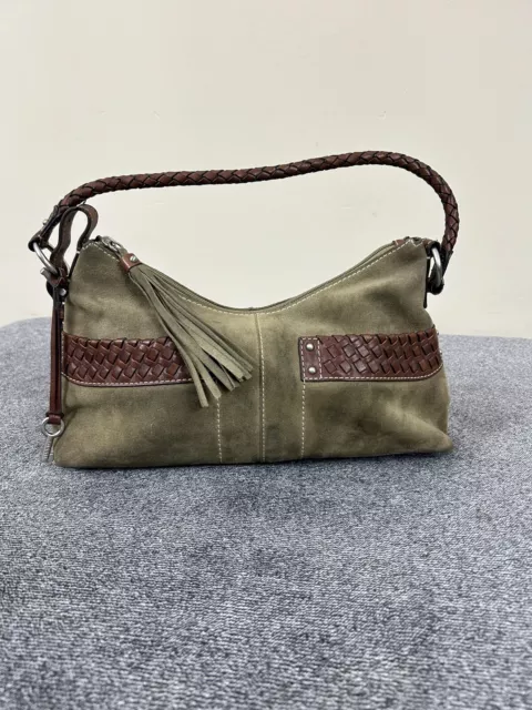 Vtg Fossil Hobo Handbag Bag Olive Suede And Brown Braided Leather Y2K Used Nice