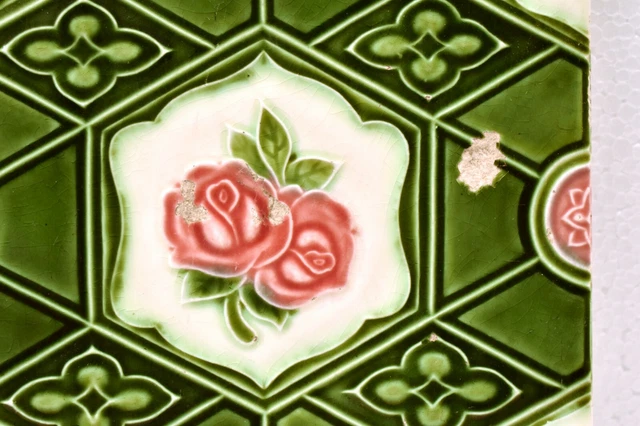 Antique Tile Japan Majolica Art Nouveau Porcelain Floral Rose Geometric Rare"J56 3