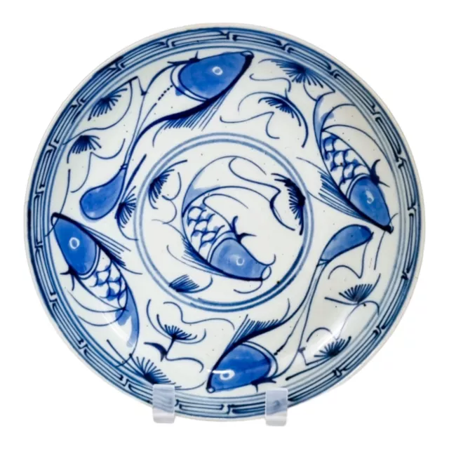 Antique 1860's Tongzhi signed Chinese export blue white porcelain koi carp bowl