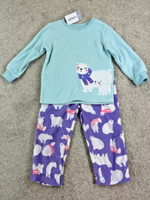 Carters Girls 2 Piece Pajamas Fleece Set Size 2T Polar Bear Mother Baby Teal NEW