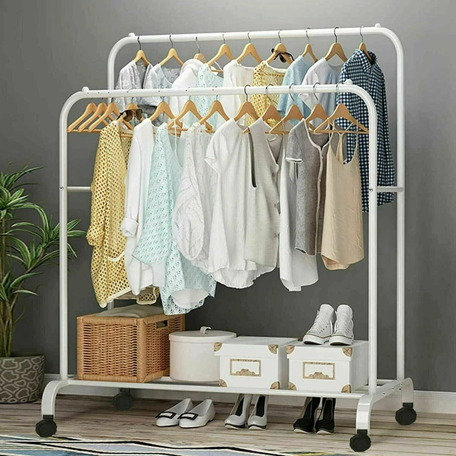 Heavy Duty Clothes Rack Rail Rolling Stand Two Top Rod Lower Storage Garment