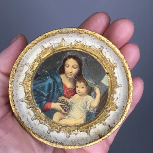 Vtg ITALIAN Miniature FRAMED PRINT “Virgin of the Grapes” Gold Carved Wood 2.75"