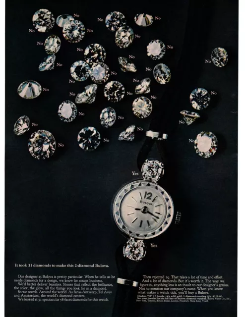 1968 Bulova Diadem H 17 Jewel 14K Gold 2 Diamond Watch New York Print Ad
