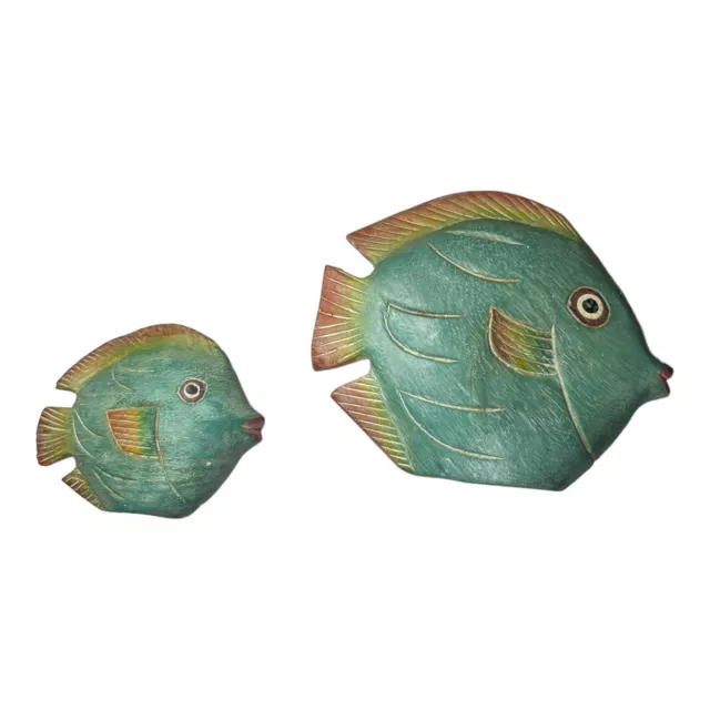 Set of 2 Hand Painted Carved Wooden Fish Excellent Used Condition 6.5”T & 4”T