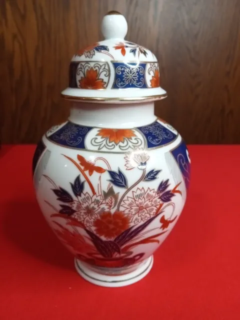 Japanese Ginger Jar Porcelain Vintage Blue Orange and Gold Asian Vase Urn