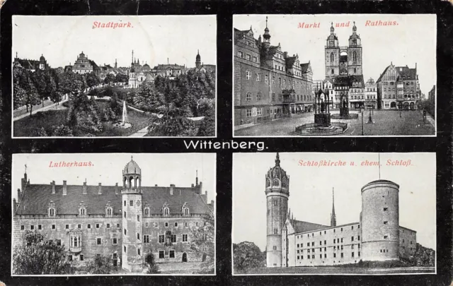 AK Wittemberg Stadtpark Markt und Rathaus Schloßkirche Postkarte gel. 1915