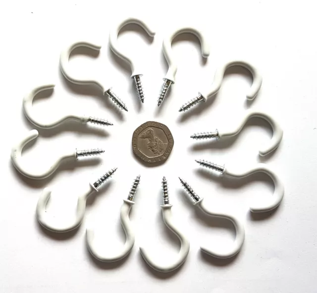 White cup hook mug hooks screw in 1" (25mm), white PVC coated Hook Duralon x 12