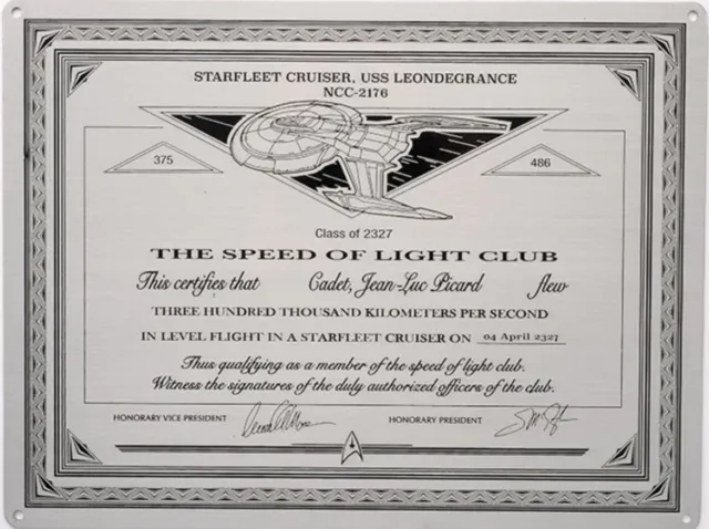 Star Trek Picard 'Speed of Light Club' Aluminium Certificate by EAGLEMOSS - NEW