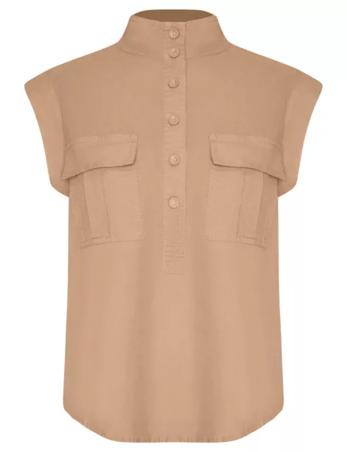 AU 20 - KATIES - Womens Tops -  Linen Cap Sleeve Pocket Front Shirt 2