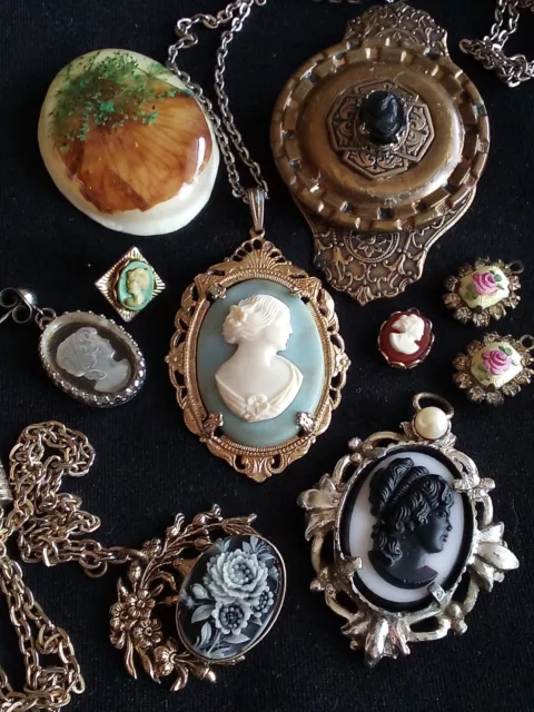 Vintage Victorian Cameo Jewelry Lot! Brooch Necklaces Pendant Earrings!